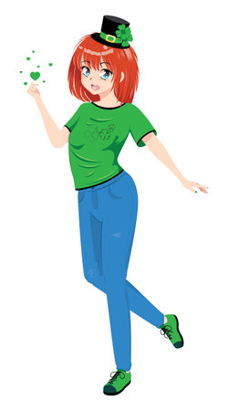 Ginger anime girl in green shirt with shamrock, St. Patrick's Day themed illustration.のイラスト素材