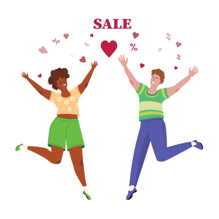 Happy couple jumping with hearts, sale word and percent symbols.のイラスト素材