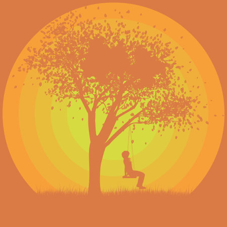 Abstract silhouette of a girl on a swing under the tree at sunset time, illustration.のイラスト素材