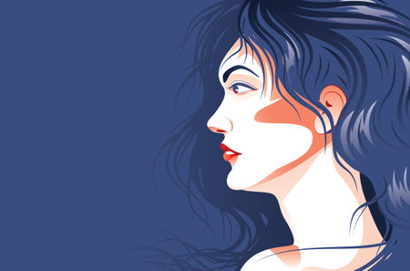 Female portrait in profile with blue wavy hair illustration.のイラスト素材