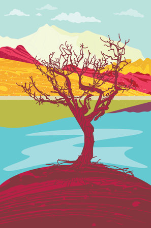 Abstract colorful landscape with tree and lake in the mountains, minimalist design.のイラスト素材