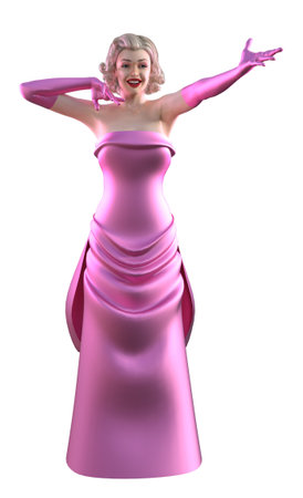 Platinum blonde woman wear retro fashion pink dress with big bow, 3D Illustration.の写真素材