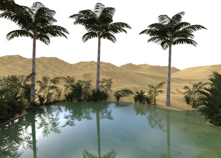 Palm trees and lake in the desert, oasis, 3D Illustration.の写真素材