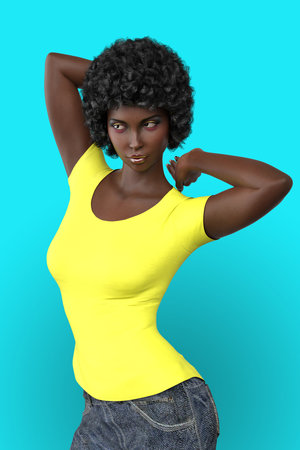 Young Afro-American girl wearing yellow t-shirt over blue background, 3D Illustration.の写真素材