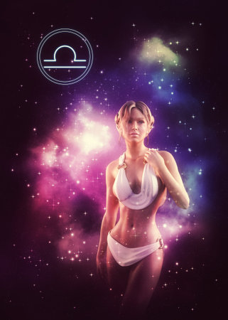 Fantasy girl wears ancient Greek goddess outfit in the starry space as Libra zodiac sign, 3D...