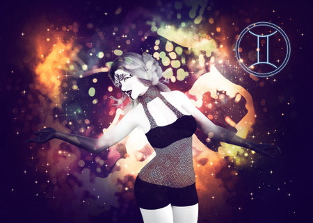 Fantasy black and white girl as Gemini zodiac sign over starry space background, 3d Illustration.の写真素材