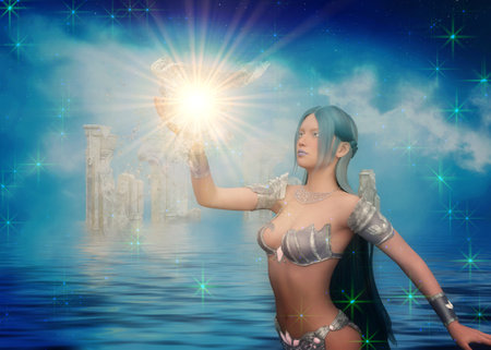 Fantasy female sorceress of water conjuring in drowned ancient ruins, 3D Illustration.の写真素材