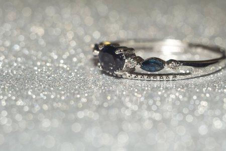 Fashion silver ring with three dark blue natural sapphire stones.の写真素材