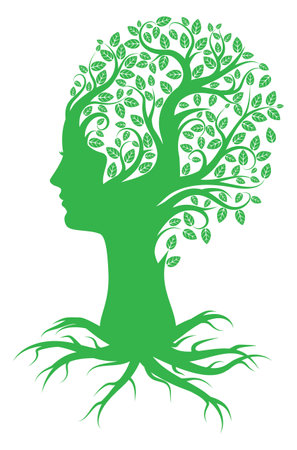 Abstract green tree silhouette with leaves and female head, ecology concept illustration.のイラスト素材