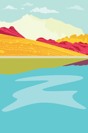 Abstract colorful landscape with lake in the mountains, minimalist design.のイラスト素材