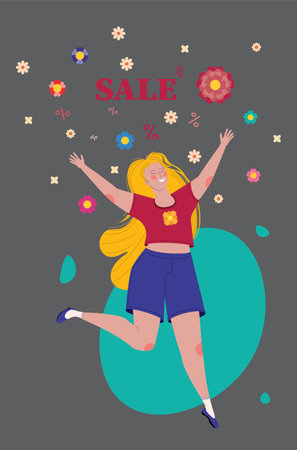 Happy girl jumping with colorful flowers and sale word illustration.のイラスト素材