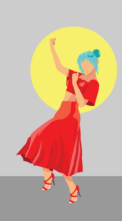 Cheerful girl in midi skirt and crop top of red color, no face.のイラスト素材
