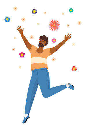 Happy man jumping with colorful flowers illustration.のイラスト素材