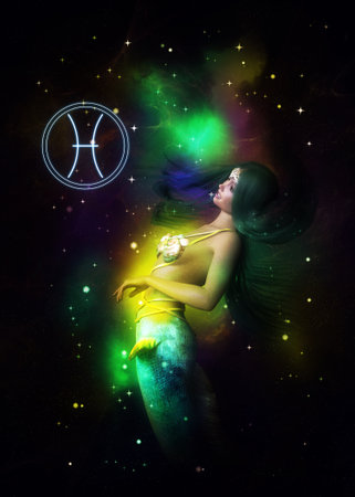 Fantasy starry space and mermaid girl, Pisces zodiac sign, 3D illustration.の写真素材