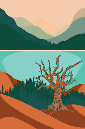 Colorful landscape with tree, mountains and lake, minimalism style.のイラスト素材
