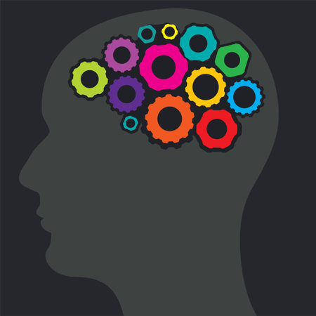 Human head with colorful gears, concept of thinking process and brain functioning.のイラスト素材