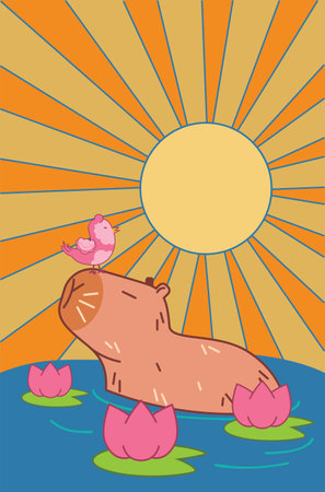 Cute cartoon capybara with little pink bird over sun retro illustration.のイラスト素材