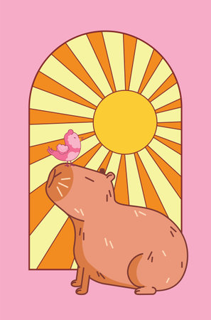 Cute cartoon capybara with little pink bird over sun retro illustration.のイラスト素材