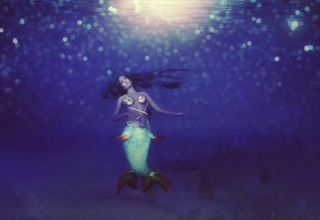 Dark underwater scene with coral reef and mermaid, 3D Illustration.の写真素材