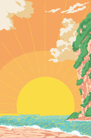 Calm coast bay landscape and big mountain over sunset background.のイラスト素材