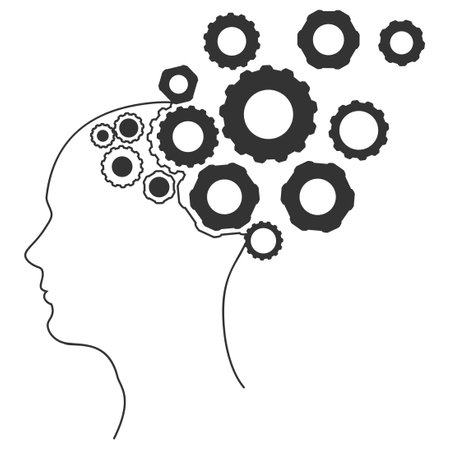 Human head with gears line art, concept of thinking process and brain functioning.のイラスト素材