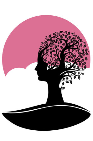 Abstract tree silhouette with leaves and female head, ecology concept illustration.のイラスト素材