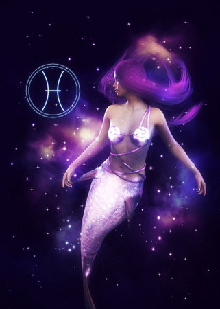 Fantasy starry space and mermaid girl, Pisces zodiac sign, 3D illustration.の写真素材