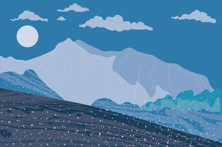Abstract landscape with night over colorful mountains, minimalist style illustration.のイラスト素材