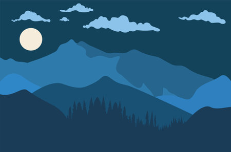 Abstract landscape with night over colorful mountains, minimalist style illustration.のイラスト素材