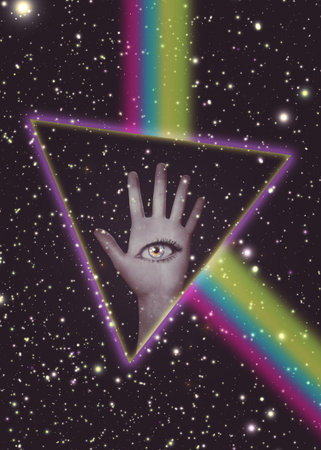 Surreal illustration with 3D hand and eye in the starry space background. 3D illustrationの写真素材