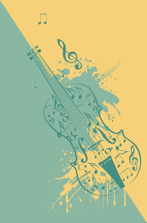 Vintage violin with music notes and grunge paint splatters illustration.のイラスト素材