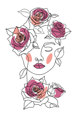 Abstract minimalistic line art female face with roses and leaves.のイラスト素材