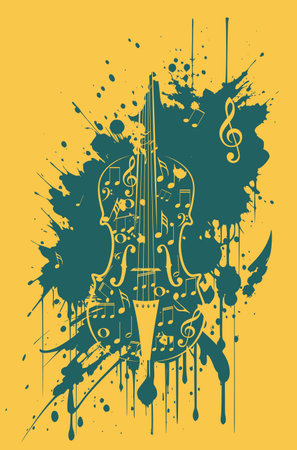Vintage violin with music notes and grunge paint splatters illustration.のイラスト素材
