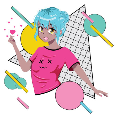 Cute anime teen girl with blue hair in pink shirt.のイラスト素材