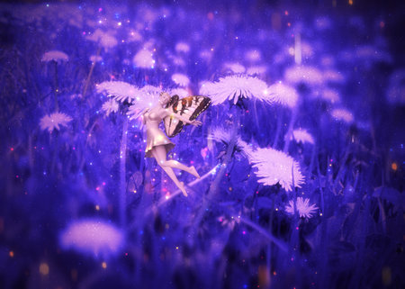 Abstract dandelion flowers in purple grass and 3D fairy girl, photo manipulation, illustration.の写真素材