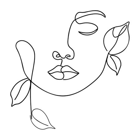 Abstract line art female face with leaves minimalistic illustration.のイラスト素材