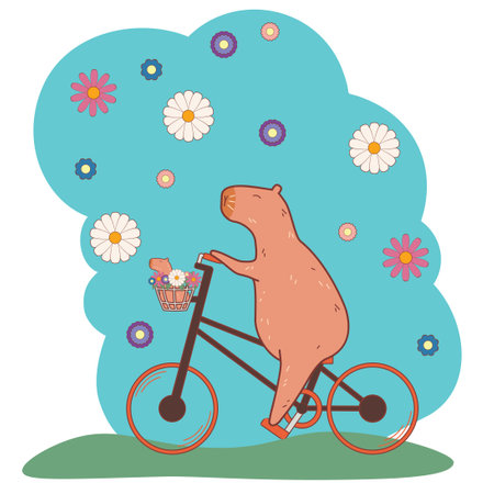 Cute capybara riding bicycle with flowers and baby in a basket illustration.のイラスト素材