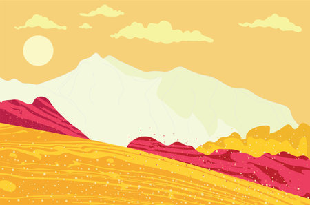 Abstract landscape with sunset over colorful mountains, minimalist style illustration.のイラスト素材