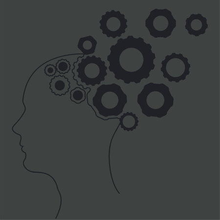 Human head with gears line art, concept of thinking process and brain functioning.のイラスト素材