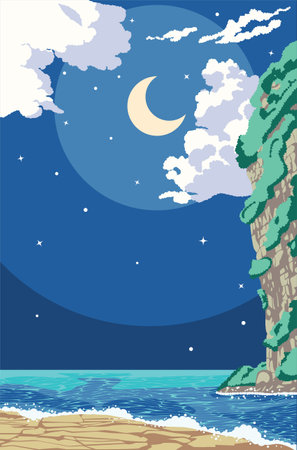 Calm coast bay landscape and big mountain at the night time.のイラスト素材