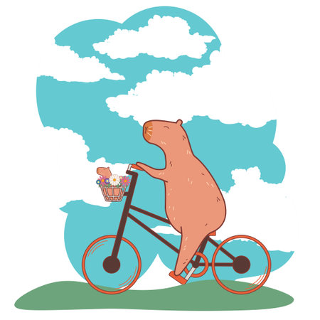 Cute capybara riding bicycle with flowers and baby in a basket illustration.のイラスト素材