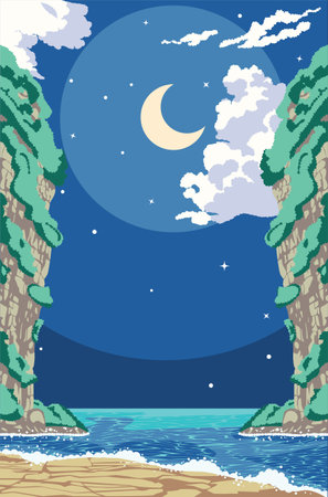 Calm coast bay landscape and big mountain at the night time.のイラスト素材