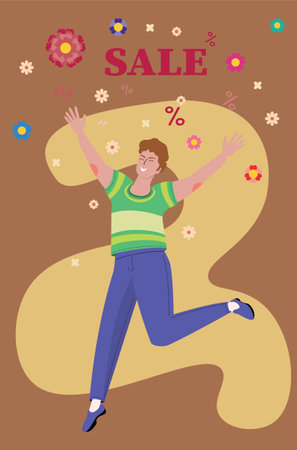 Happy man jumping with colorful flowers and word sale illustration.のイラスト素材