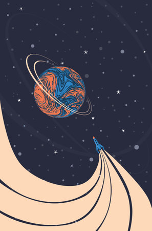 Abstract shuttle flying in the space, retro futuristic illustration.のイラスト素材