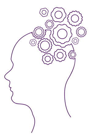 Human head with gears line art, concept of thinking process and brain functioning.のイラスト素材