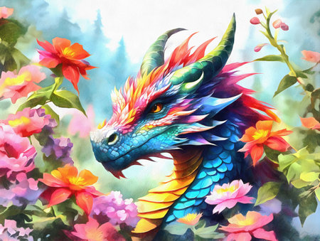 Cute fantasy dragon with colorful flowers in watercolors, AI generated.の素材