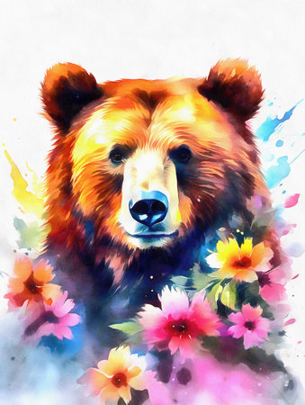 Big grizzly bear muzzle with flowers, watercolor painting, AI generated.の素材