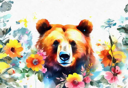 Big grizzly bear muzzle with flowers, watercolor painting, AI generated.の素材