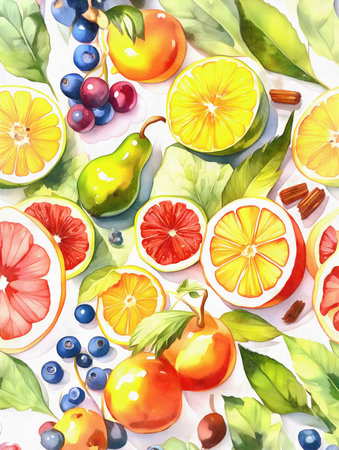 Watercolor painting of fruits and berries, AI generated.の素材