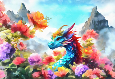 Cute fantasy dragon with colorful flowers in watercolors, AI generated.の素材